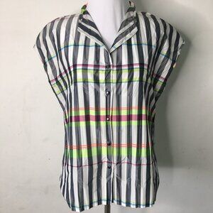 Babette Women's Striped Black White Neon Short Sleeve Snap Button Front Shirt XS